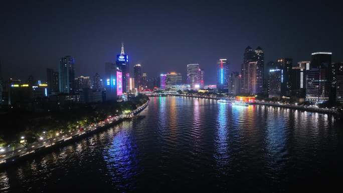 航拍广州珠江夜景沿江建筑灯光