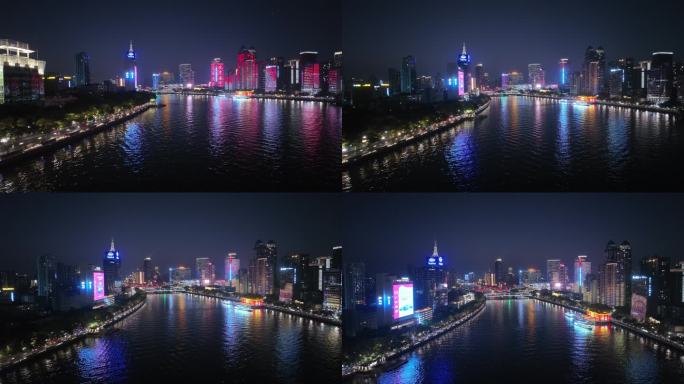 航拍广州珠江夜景沿江建筑灯光