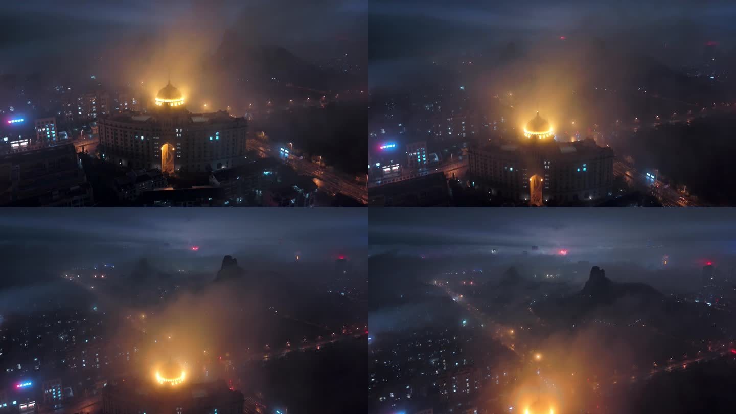 云雾夜景城市柳州下雨天气环境云海高楼片头