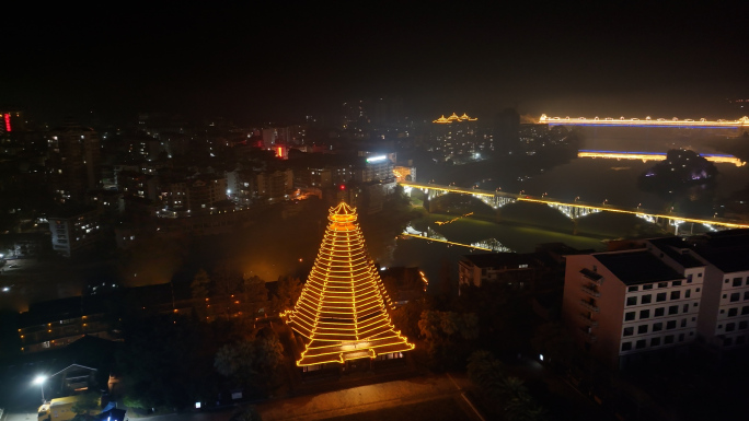 航拍三江鼓楼白天夜晚景色