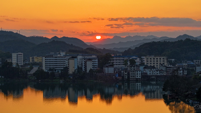 山水县城日落延时 三江城市航拍