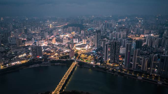 南宁市青秀区邕江大桥城市夜景航拍