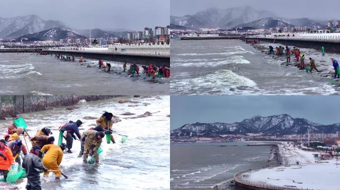 4K航拍烟台雪山雪景赶海