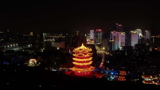 航拍黄鹤楼夜景 武汉长江大桥周边夜色