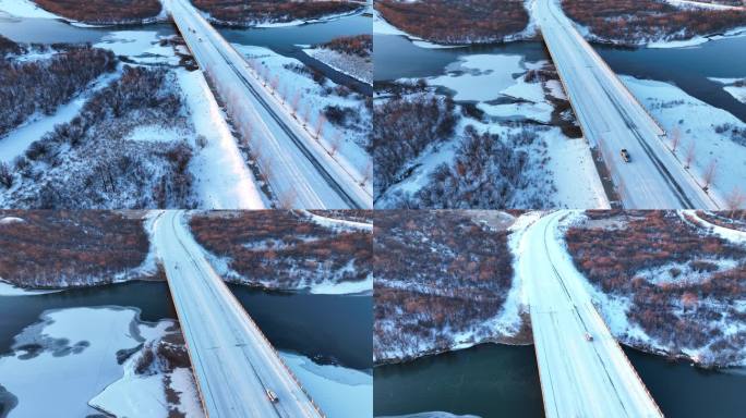 河流大桥冰雪道路上行驶的汽车