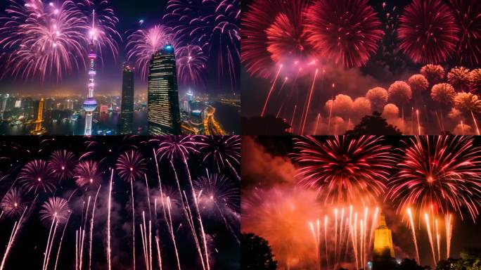 各地城市夜景 烟花绽放 节气氛围