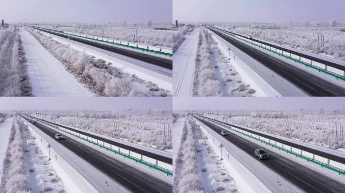 航拍风雪中农村公路车流