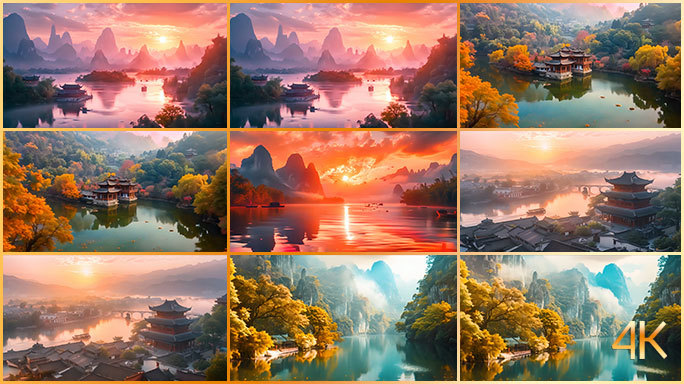 中国大好河山唯美风景 高山峡谷湖泊日落