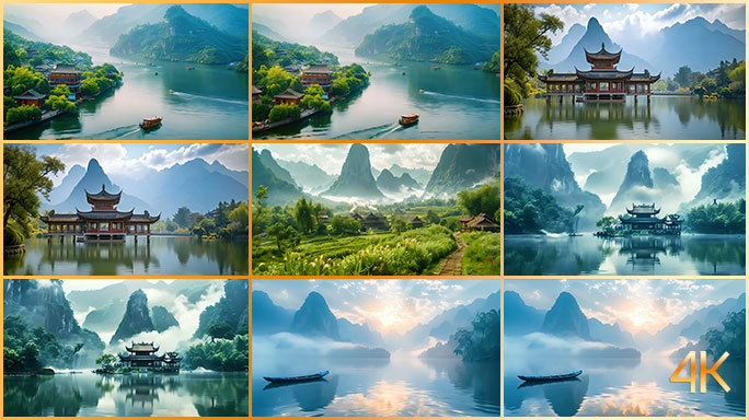 喀斯特地貌中国山水风光 国画水彩风格动画