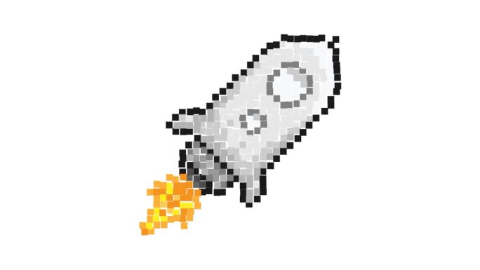 动画像素图标。飞行的太空火箭。飞往火星、月球和太阳系行星的航班。简单的复古游戏循环视频孤立的白色背景