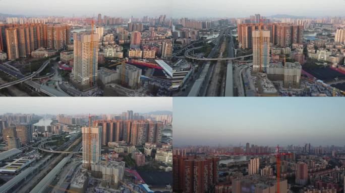 4K航拍：推近环绕广州江景、在建楼盘塔吊