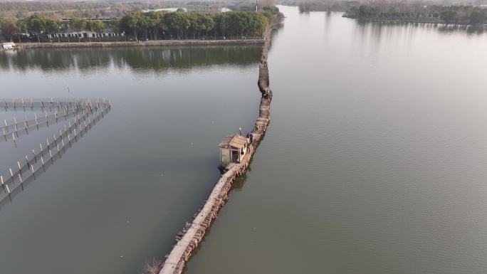 江南水乡浙江绍兴越城区昂桑湖古纤道航拍