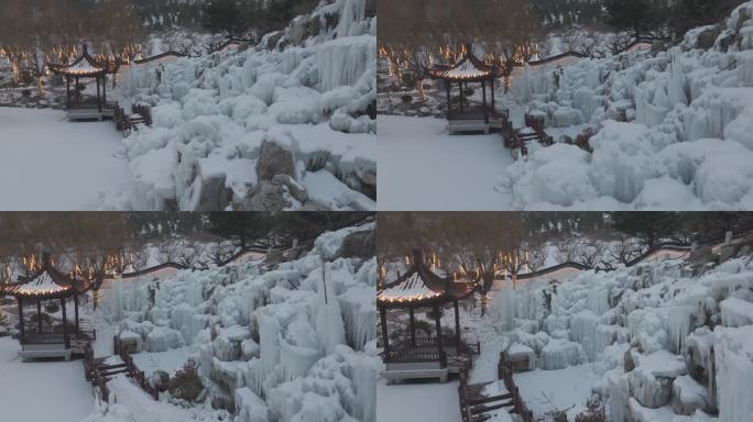 航拍威海市环翠区华夏城景区冰山冰川流水