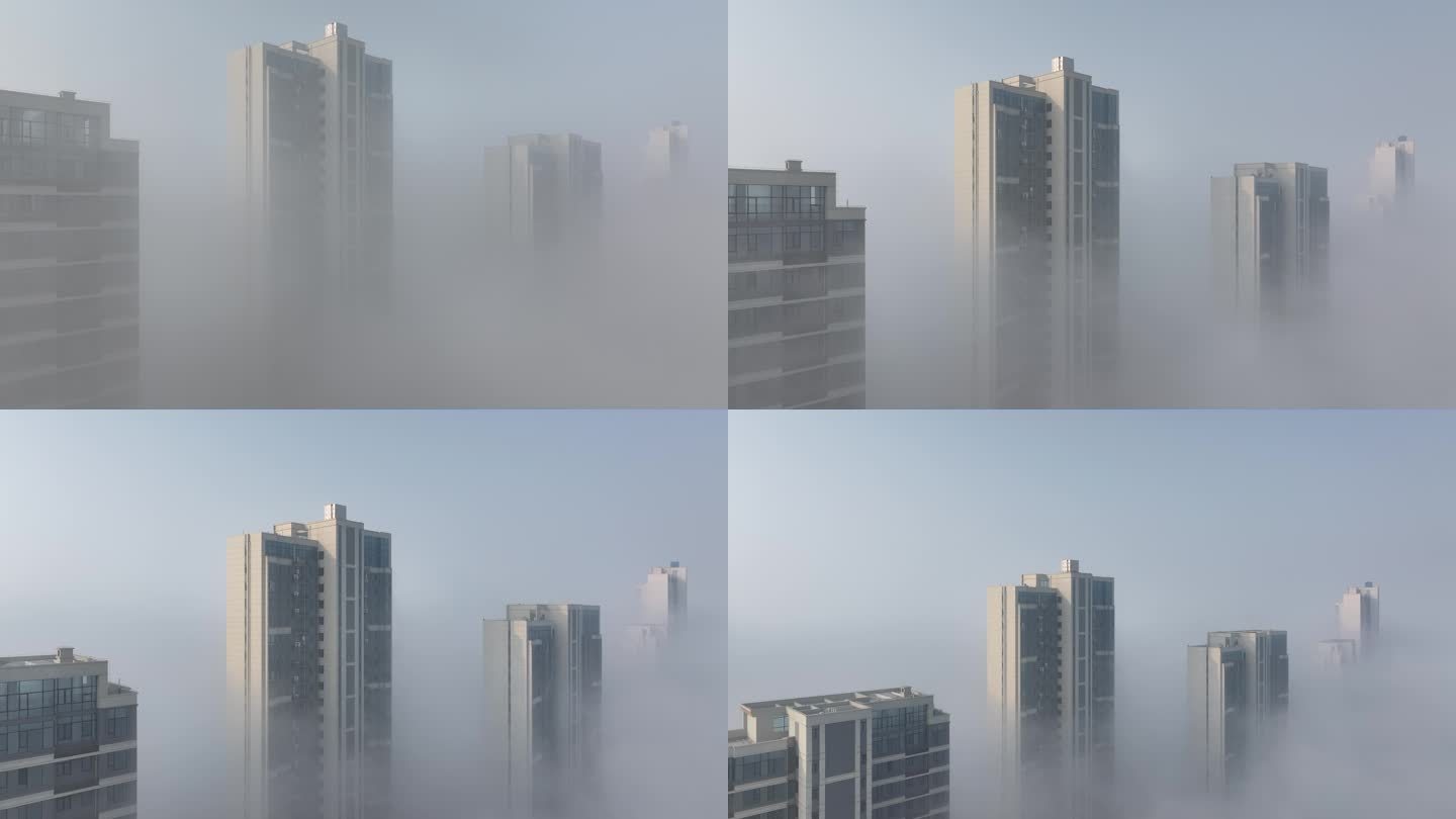 航拍襄阳城市大雾天气天空之城平流雾风光