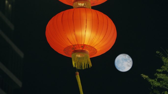 春节元宵中秋国庆大红灯笼和圆月