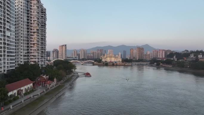 航拍福州闽江解放大桥中洲岛城市建筑风光