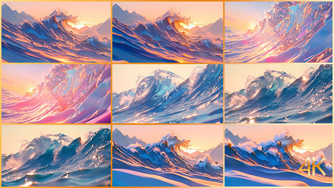 五彩玻璃琉璃质感的海浪 超现实动画效果