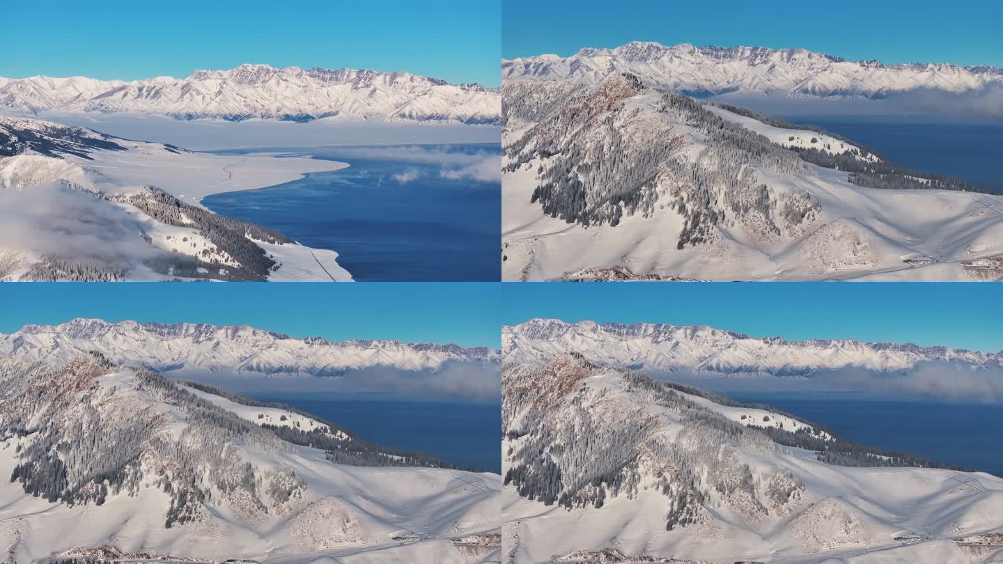 新疆博州赛里木湖雪山冬季晴天高空航拍风景