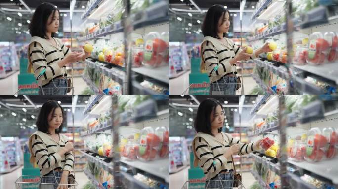身着休闲装的女士在超市挑选新鲜农产品。在百货公司的货架上挑选水果和蔬菜。沉浸在选择食材烹饪营养餐的乐