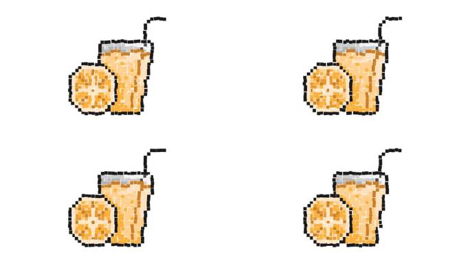 动画像素图标。一杯清爽的柑橘汁，配上稻草和橘子片。炎炎夏日清凉饮料。简单的复古游戏循环视频孤立在白色