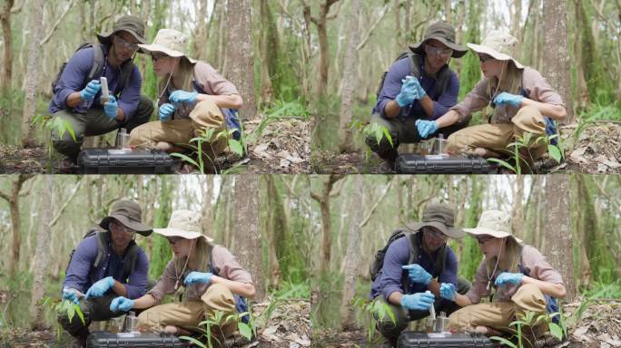 一位年轻的生物学家在泥炭地收集水样，以检查污染物并测量矿物质的丰富程度。