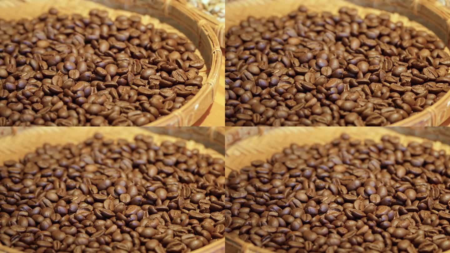 餐桌上的越南传统竹木碗中焙烤的棕色咖啡豆