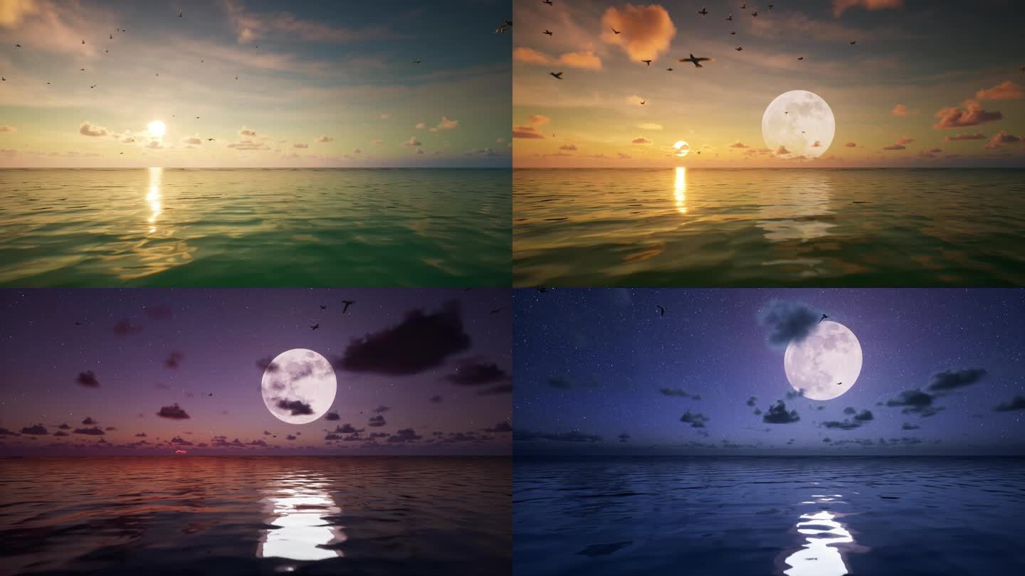 水面日落月亮升起日夜交替延时