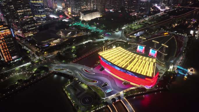 广州海心沙夜景航拍广州大桥天河体育中心夜