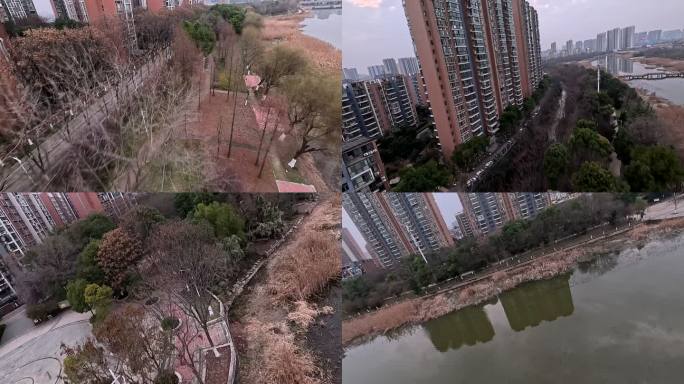 荆州沙市荆襄河湿地公园穿越机航拍城市风景