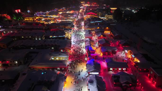 4k中国雪乡雪景夜景航拍