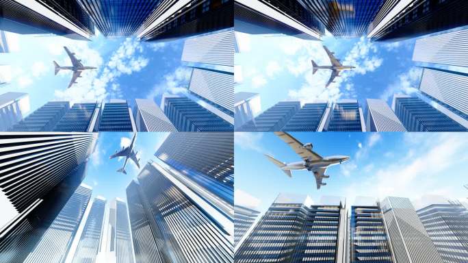 金融中心写字楼上空飞过的民航飞机视频