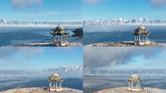 冬季赛里木湖冰推云雾雪山观景塔