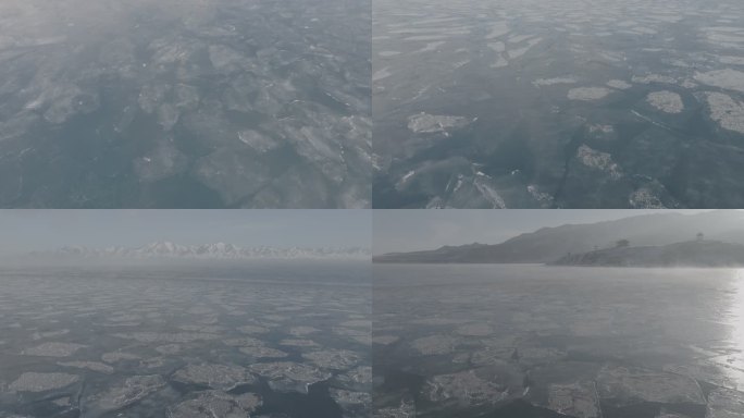 冬季赛里木湖云雾湖面冰推航拍灰片