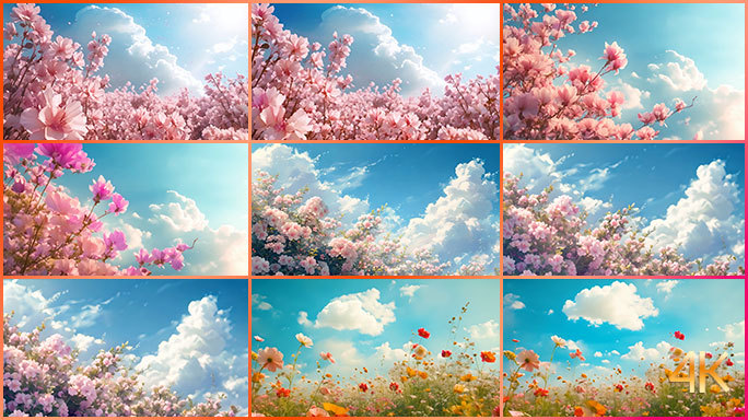 蓝天白云下鲜花绽放 春天生机勃勃背景影片