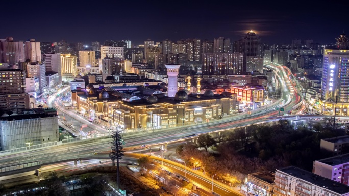 新疆 大巴扎  延时摄影  夜景 月升