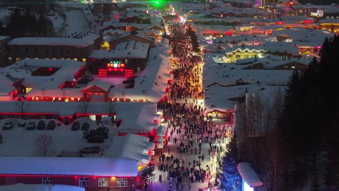 4k中国雪乡雪景夜景航拍