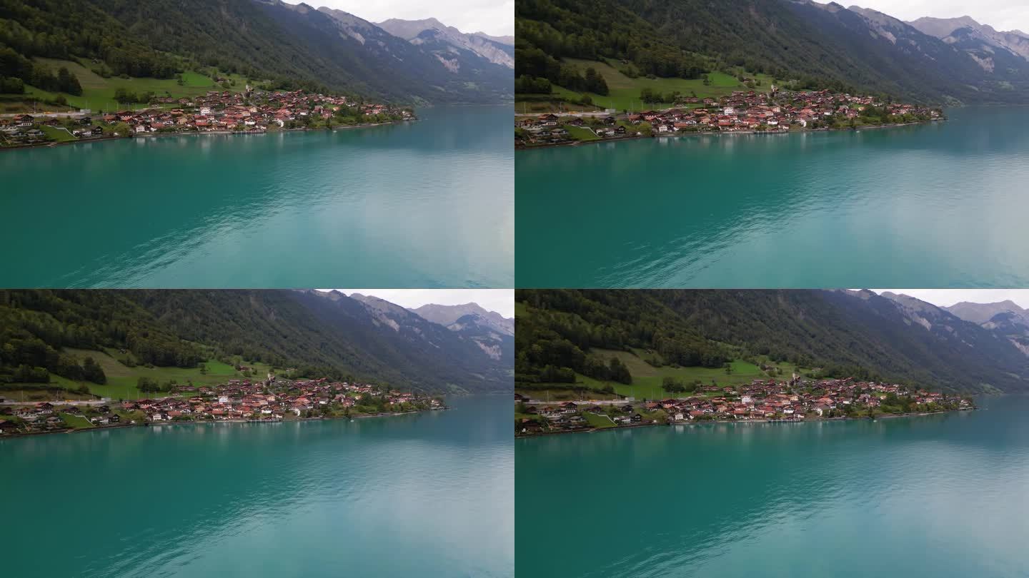 瑞士布里恩泽泽湖——4K无人机从湖上环绕群山环绕布里恩泽泽湖。