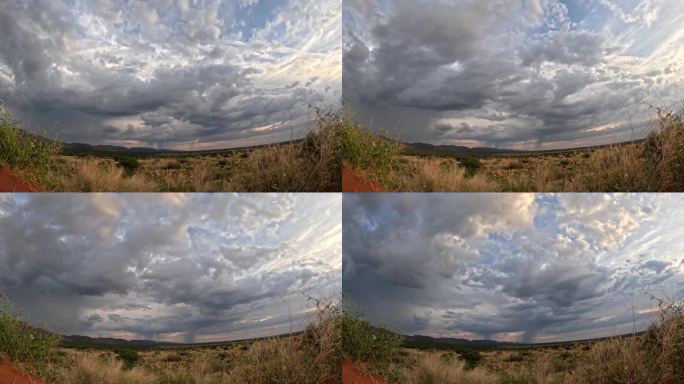 在这张拍摄于南卡拉哈里沙漠阴天的延时摄影中，天空的动态演变展示了大自然的优雅和美丽。