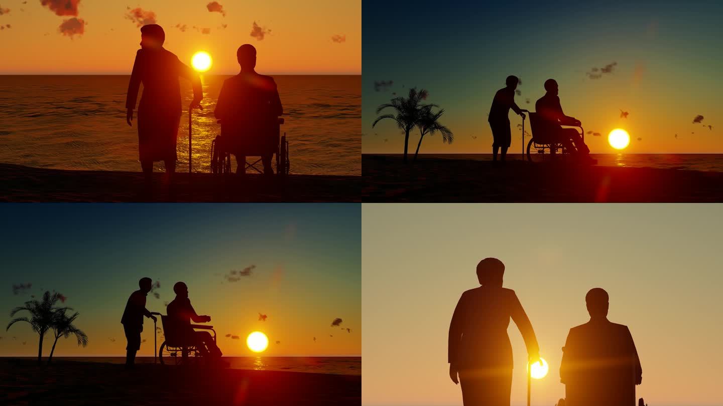 夕阳下老年夫妇海边看海剪影视频