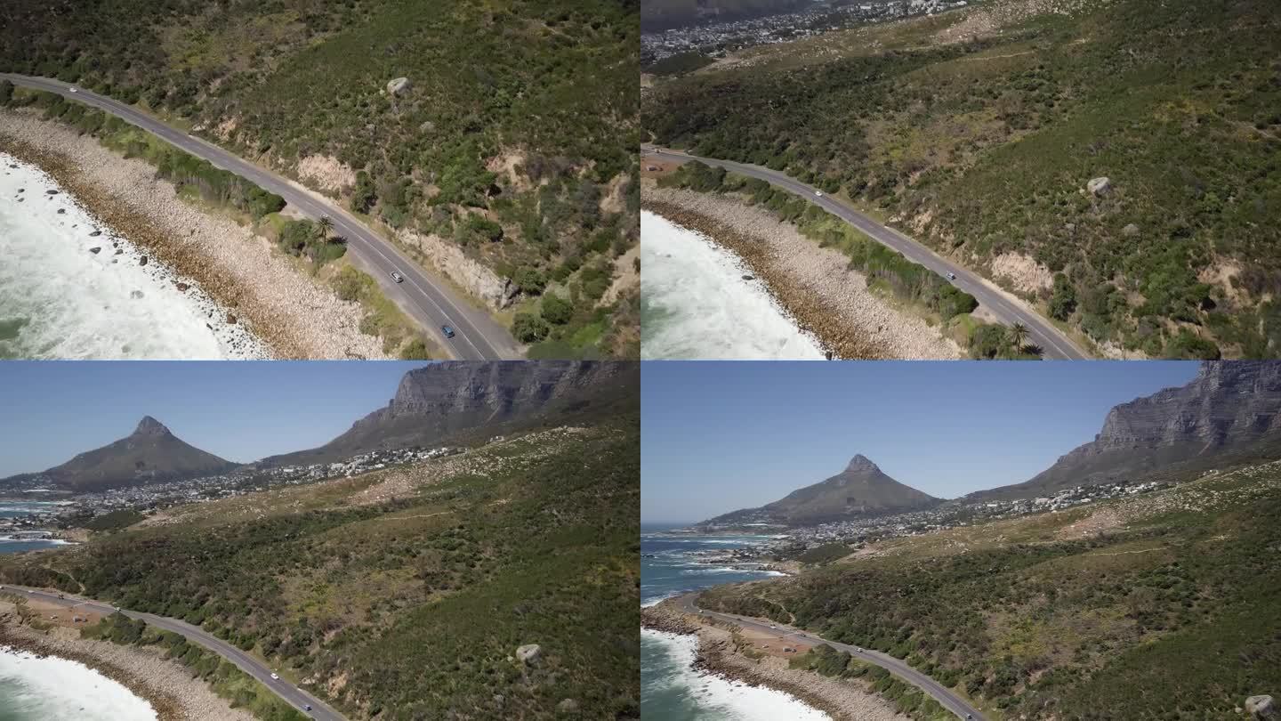 沿着十二使徒山的海岸公路，在开普敦坎普斯湾，南非。无人机航拍