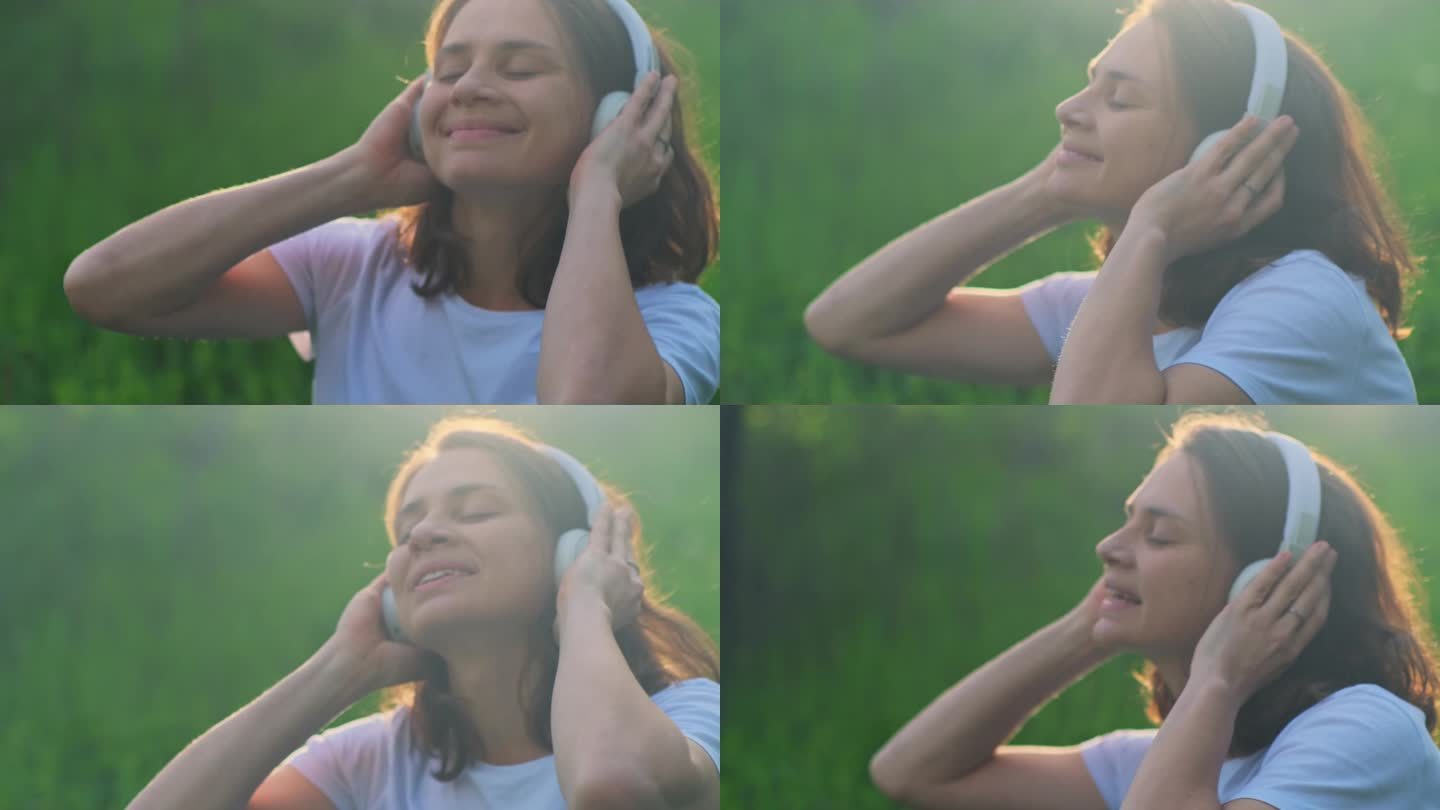美丽的兴奋的女人戴着耳机，坐在户外阳光下的绿色草坪上听音乐，唱歌和跳舞。幸福情感的女性肖像。