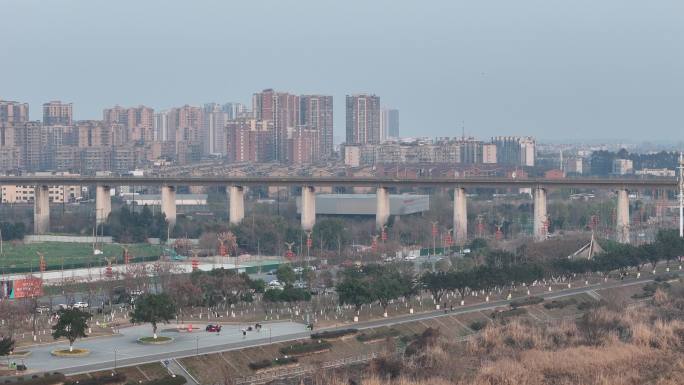 航拍四川广汉城市高铁景色