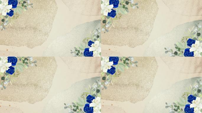 金色纹理背景上的蓝色和白色花角框架:婚礼和情人节构图