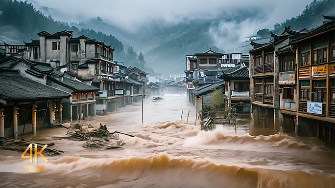 连降暴雨水灾 发大洪水 乡村河岸缺堤崩溃