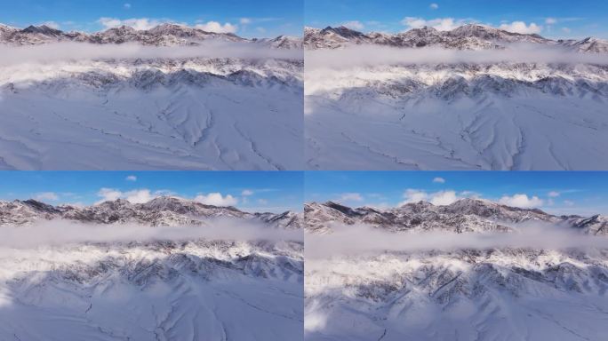 新疆伊犁冬季雪山云雾穿云壮观航拍风景