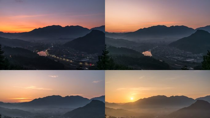 日出 日转夜 云雾 山川 县城