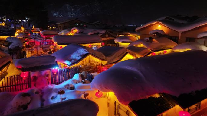 4k中国雪乡雪景夜景航拍