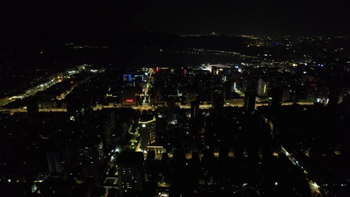 浙江杭州城市夜景灯光交通车两行驶航拍