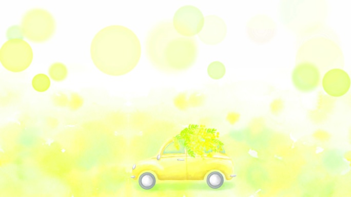 一辆汽车驾驶和携带含羞草的循环动画。