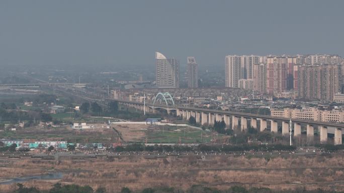 航拍四川广汉城市高铁景色